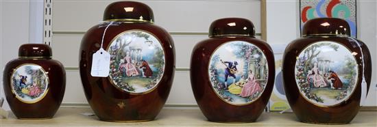 Four Carlton Ware Rouge Royale ginger jars and covers decorated with Fragonard-style scenes of lovers